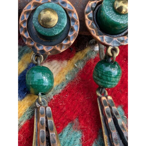 Vintage Casa Maya Copper Onyx Earrings, Mixed Metal Screw On Earrings - Picture 7 of 10